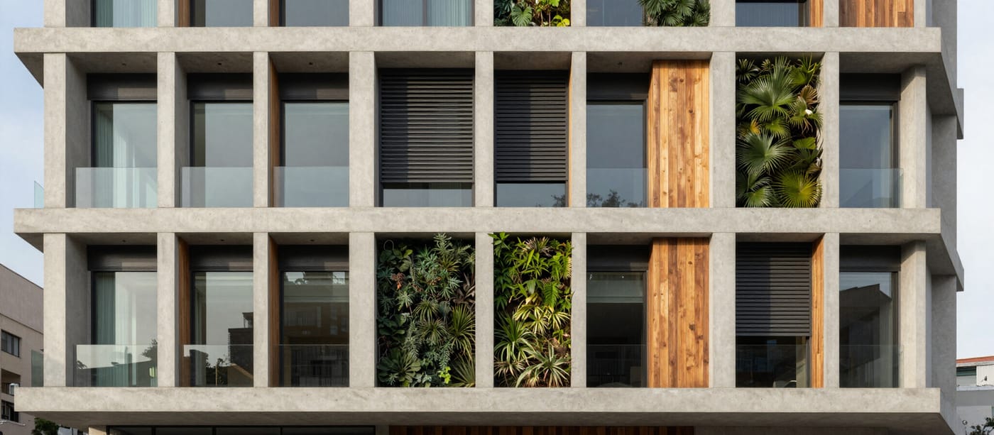 Fachada de edificio público con jardines verticales integrados
