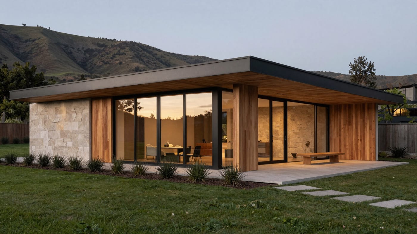Vivienda contemporánea de eficiencia energética al atardecer